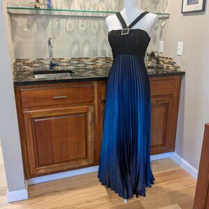 Stunning Ombre Blue Black Pleated Formal Gown Prom Dress Rhinestone Corset Back